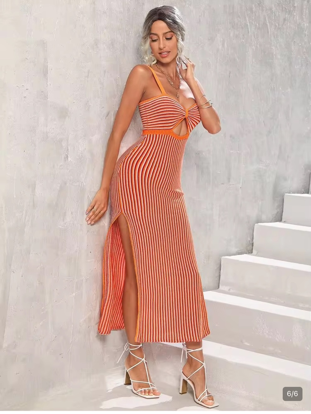 Orange Striped Cutout Knit Maxi Dress - Picture 4 of 8